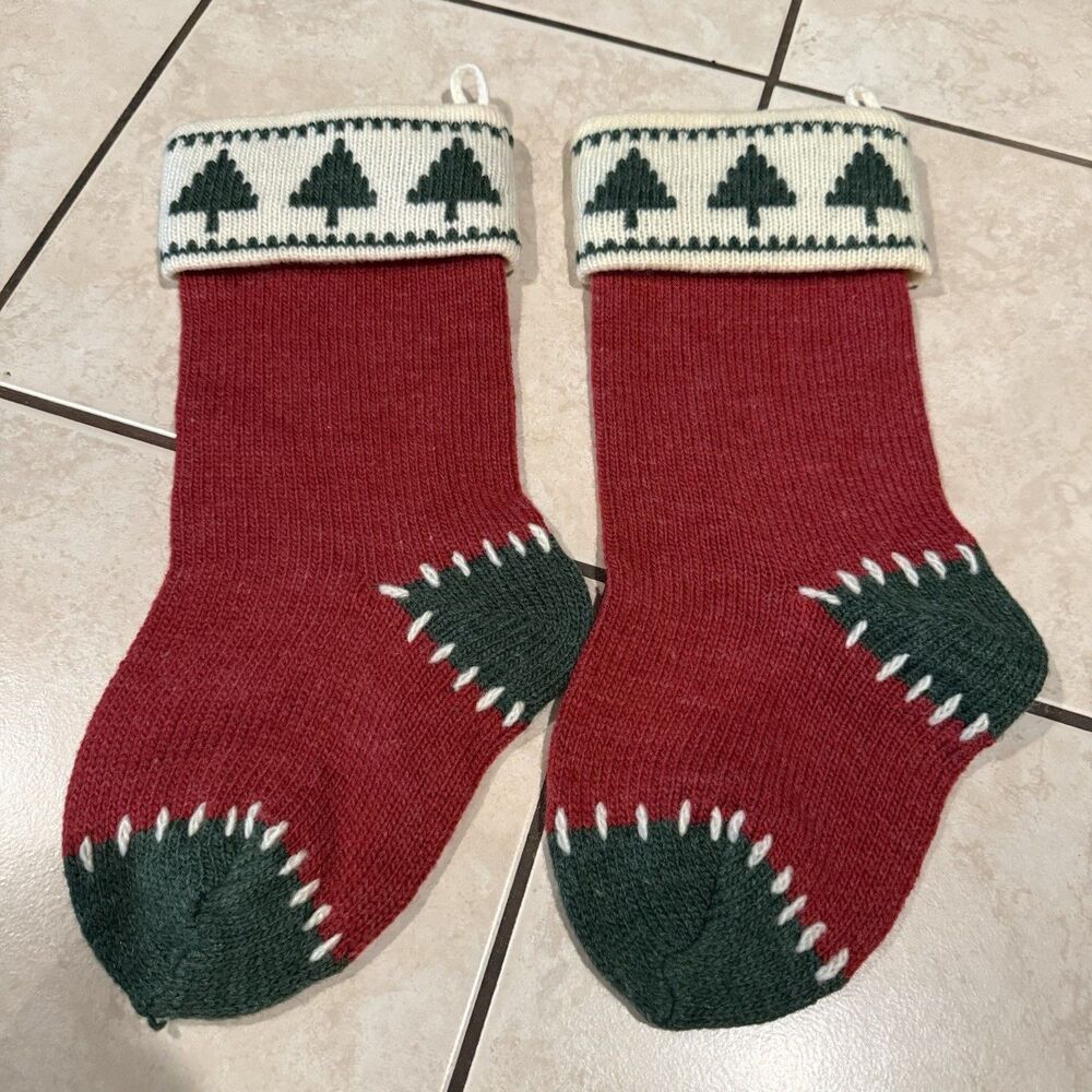 2 Handmade Red, Green, and White Christmas Stocking with Tree Pattern